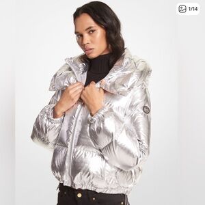 Michael Kors Short Puffer Jacket in Metallic Silver
